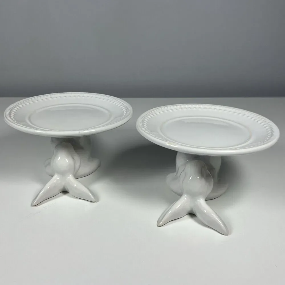 Pottery Barn Easter Bunny Dessert Cupcake Stand White Glazed Stoneware Set